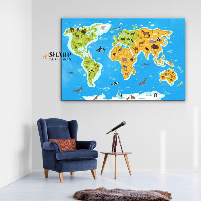 Animal World Map Print - Children's Room Decor - SharpWallArts