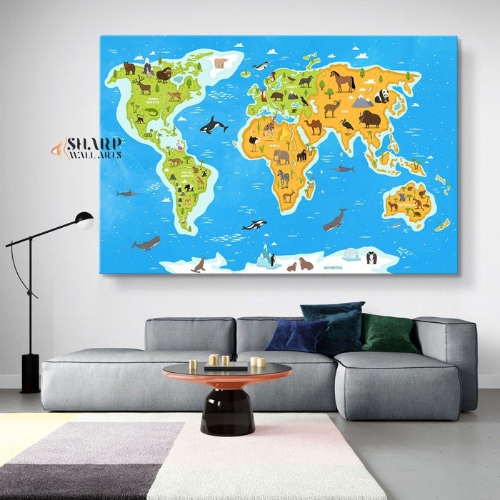 Animal World Map Print - Children's Room Decor - SharpWallArts