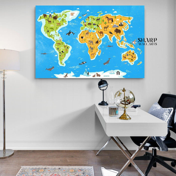 Animal World Map Print - Children's Room Decor - SharpWallArts