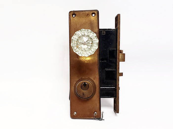 Antique Russwin Exterior Mortise Lock Set w/ Two Glass Knobs and Brass Faceplates