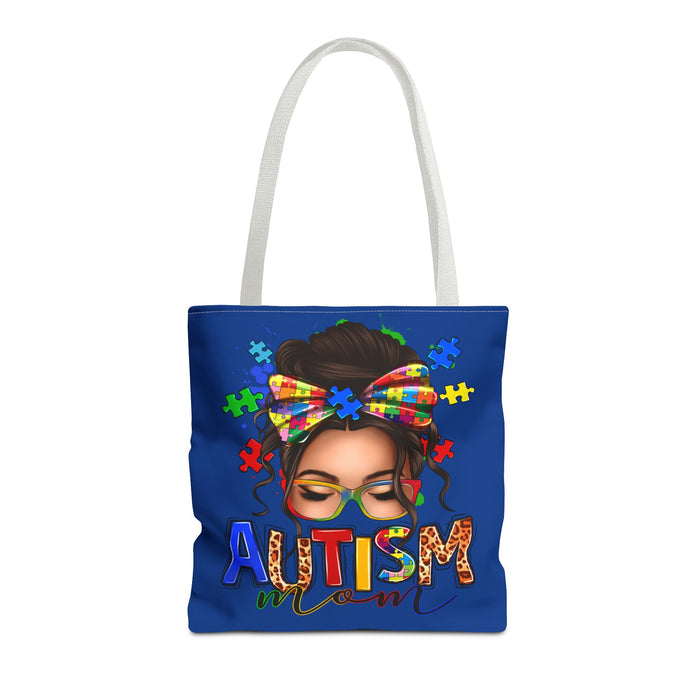 Autism Mom Tote Bag — Colorful Puzzle Ribbon Awareness AOP Tote
