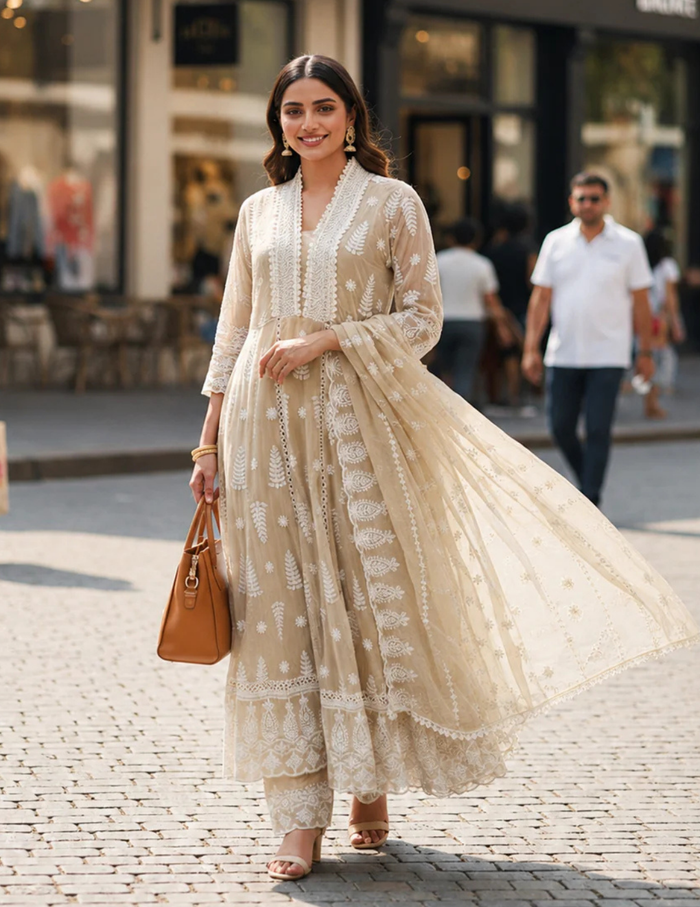 Beige Cotton Anarkali Set