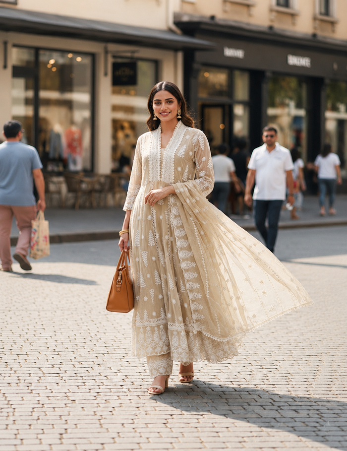 Beige Cotton Anarkali Set
