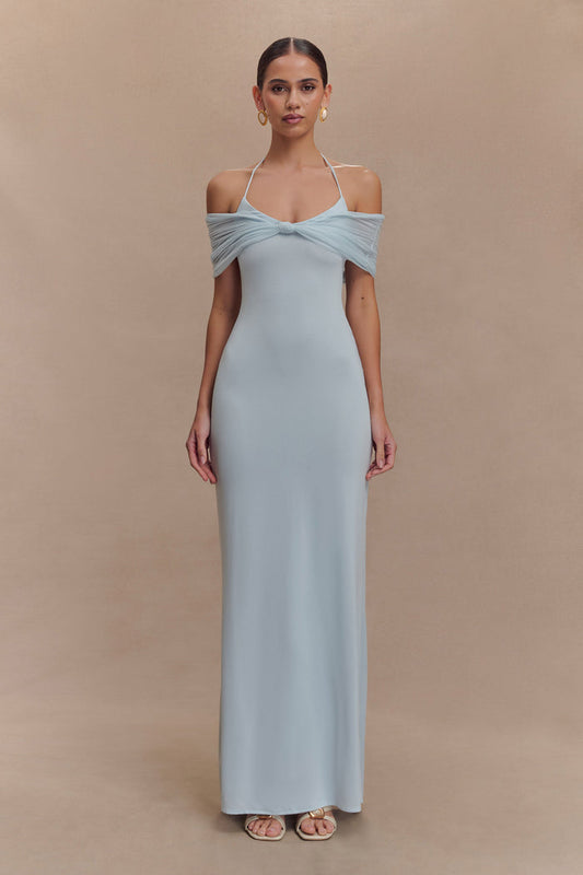 Bernadina Mesh And Slinky Halter Maxi Dress - Pale Blue