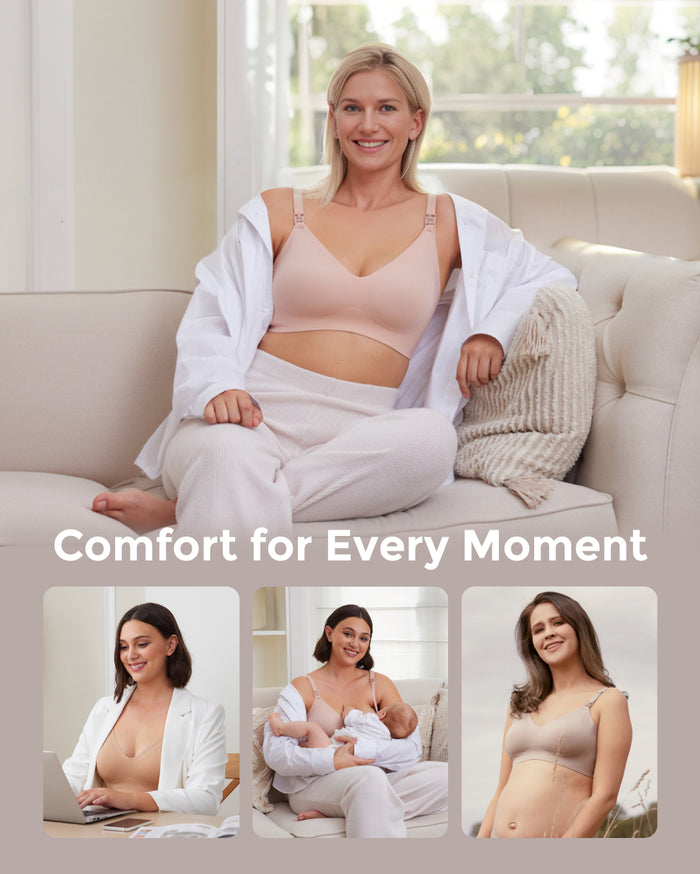 Collage: Light peach YN21 Seamless Nursing Bra for pregnancy, nursing, work & relaxation. M5 pump compatible.