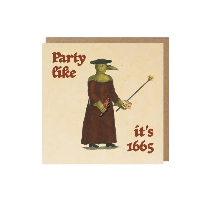 Betiobca “Party Like It’s 1665” card—funny medieval plague doctor art, unique vintage greeting for any occasion.