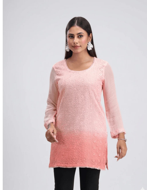 Graceful viscose georgette kurta featuring delicate embroidery and soft ombre shading for women.