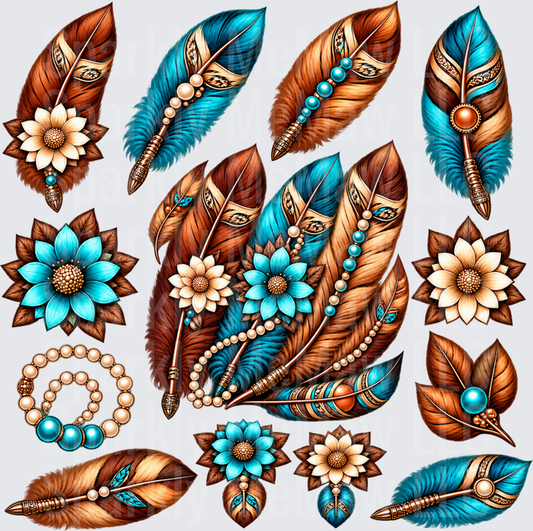 Boho Feathers Flowers Beads Bundle is a 10X10 uv dtf full sheet