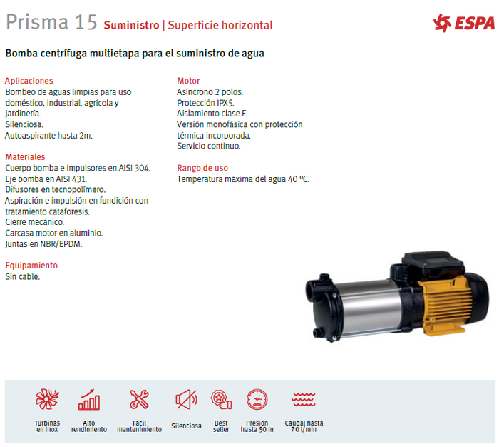 Bomba centrifuga multi-etapa PRISMA 15 2, 0.5 HP, 115V