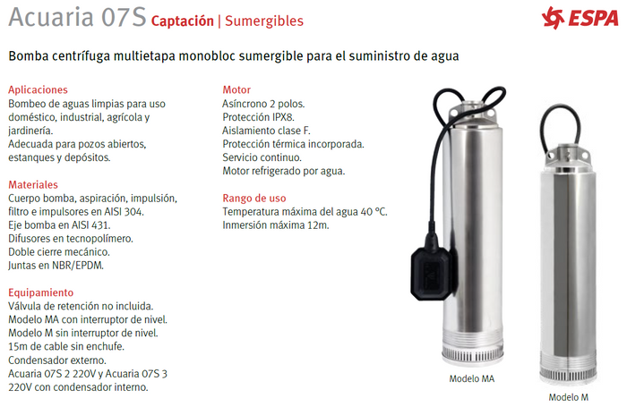 Bomba sumergible Acuaria 07S 2 MA - 0.5HP, 115V