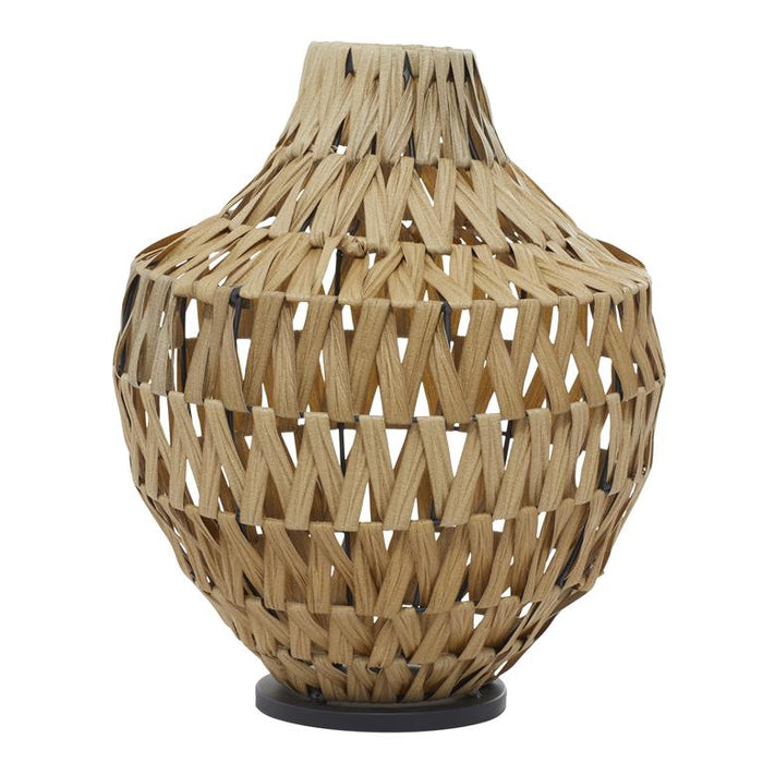 BROWN PLASTIC RATTAN HANDMADE WOVEN VASE WITH BLACK METAL BASE