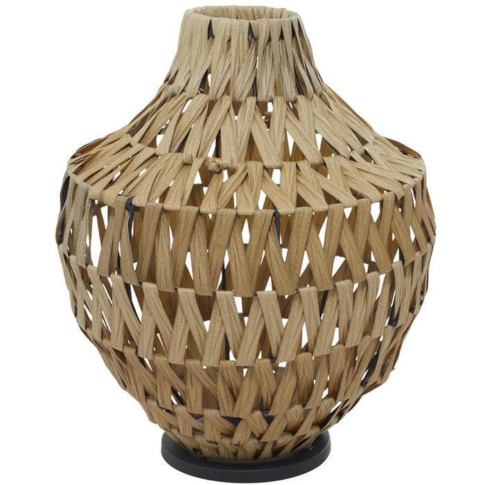 BROWN PLASTIC RATTAN HANDMADE WOVEN VASE WITH BLACK METAL BASE