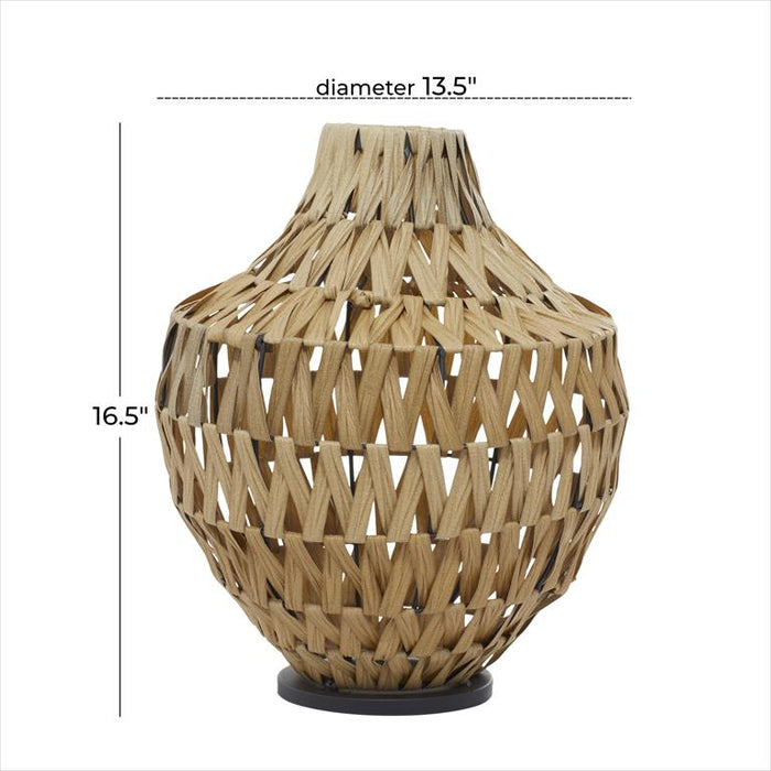BROWN PLASTIC RATTAN HANDMADE WOVEN VASE WITH BLACK METAL BASE