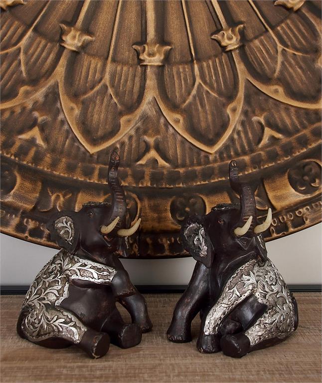 BROWN POLYSTONE ELEPHANT SCULPTURE, 2 ASSORTED