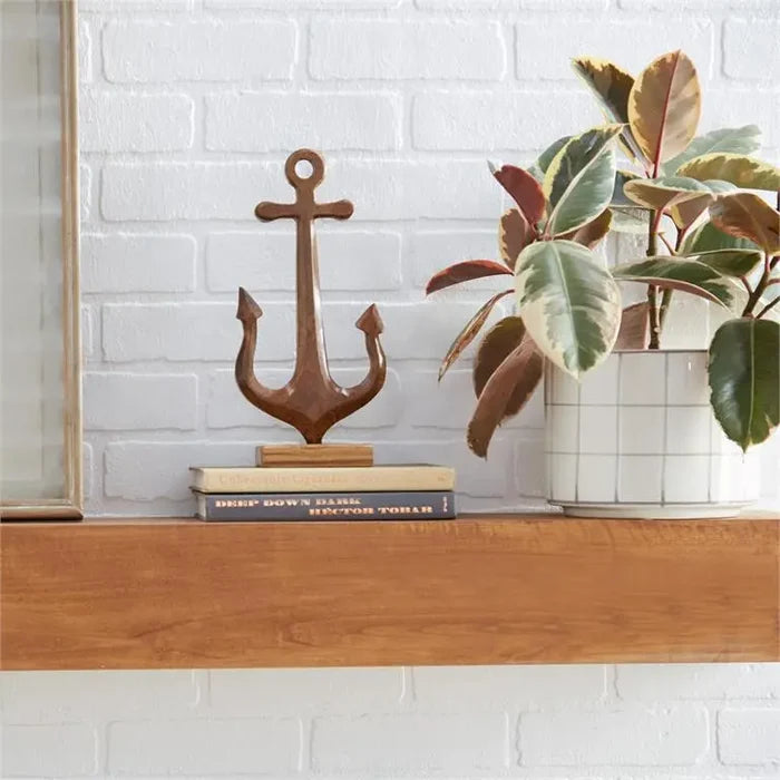Brown Teak Wood Coastal Anchor Sculpture