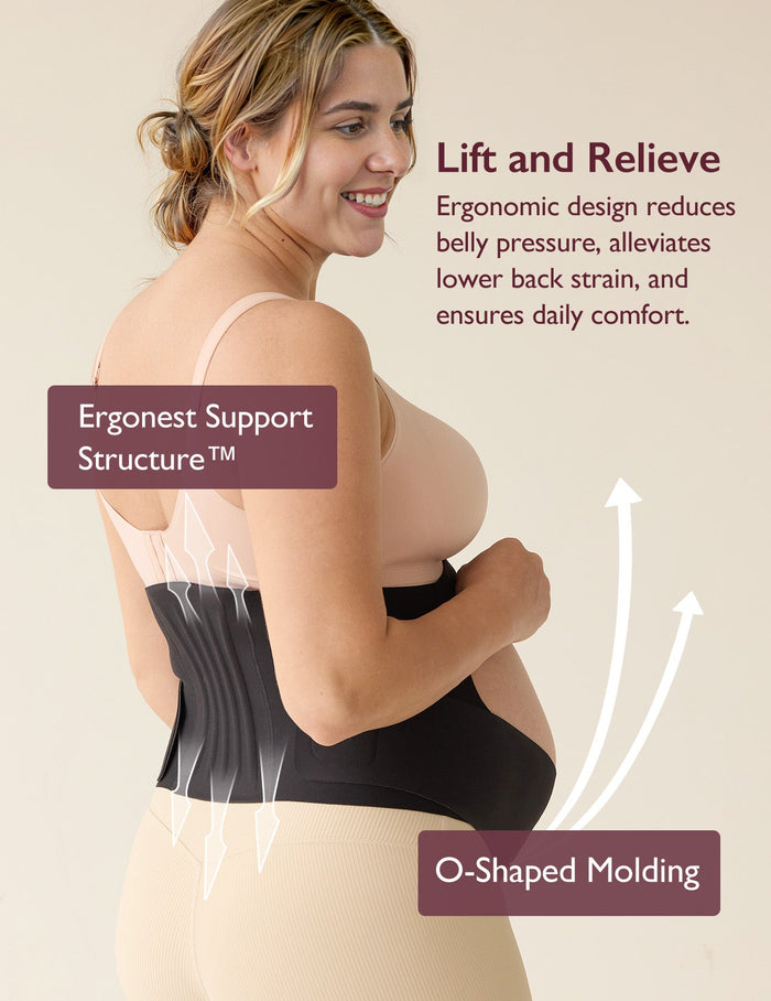 Black BumpEase maternity belly band with Ergonest Support and O-Shaped Molding for pregnant individuals.
