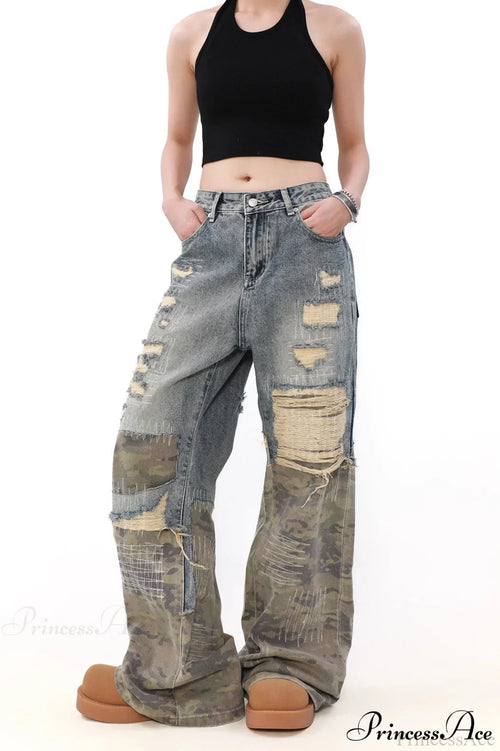 Camouflage Patchwork Distressed Wide Jeans