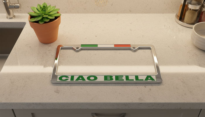 License plate frame with 'CIAO BELLA' text on a kitchen counter