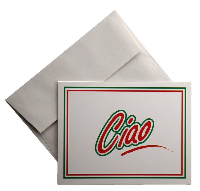 A set of notecards with 'Ciao' design on the front, presented with envelopes.