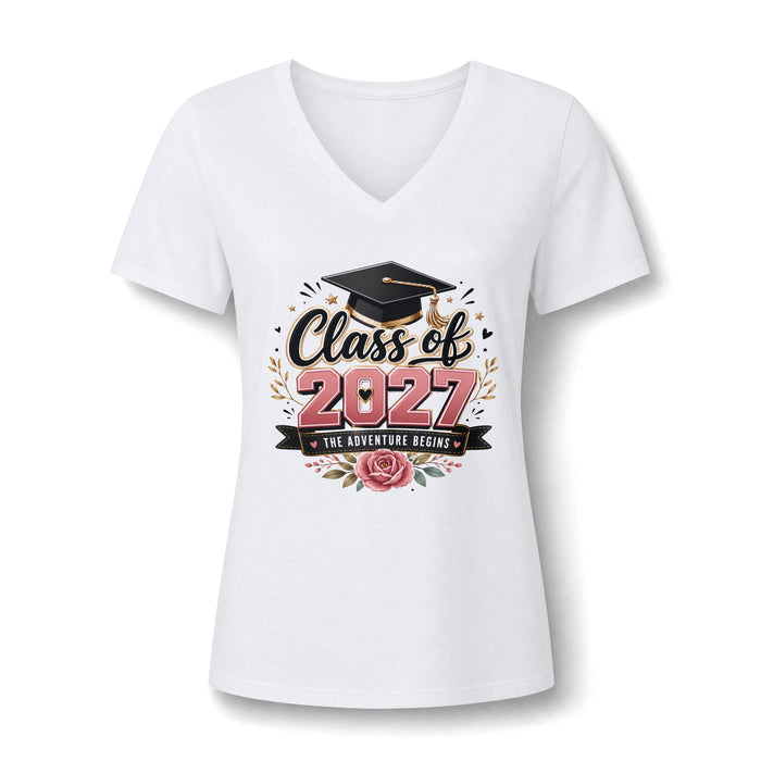 Class of 2027 V-Neck Tee – Women’s Graduation Shirt (“The Adventure Begins”)