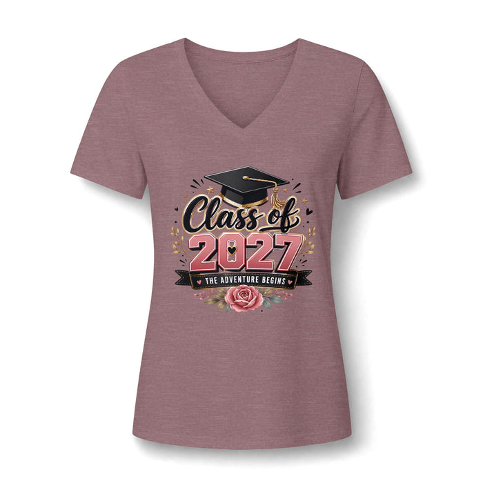 Class of 2027 V-Neck Tee – Women’s Graduation Shirt (“The Adventure Begins”)