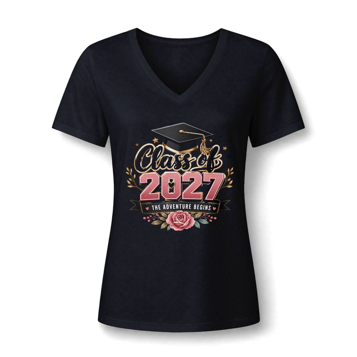 Class of 2027 V-Neck Tee – Women’s Graduation Shirt (“The Adventure Begins”)