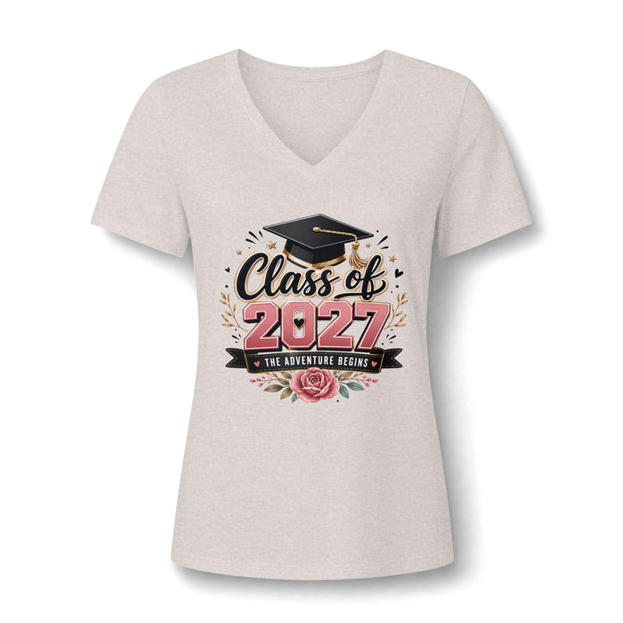 Class of 2027 V-Neck Tee – Women’s Graduation Shirt (“The Adventure Begins”)