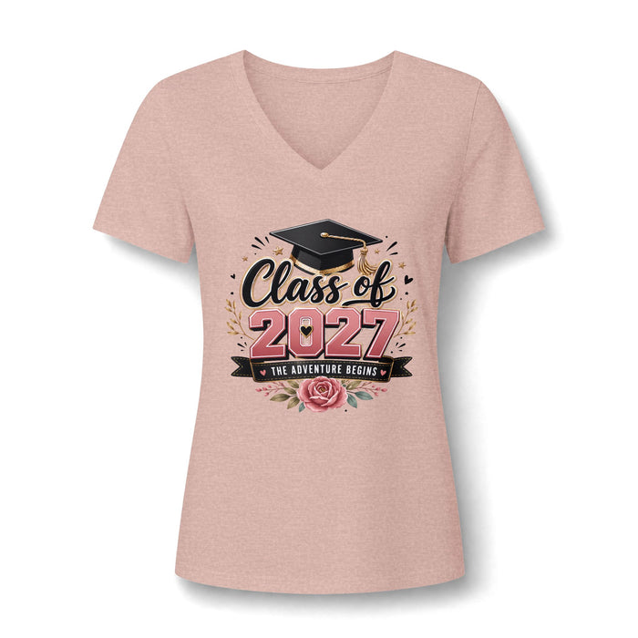 Class of 2027 V-Neck Tee – Women’s Graduation Shirt (“The Adventure Begins”)