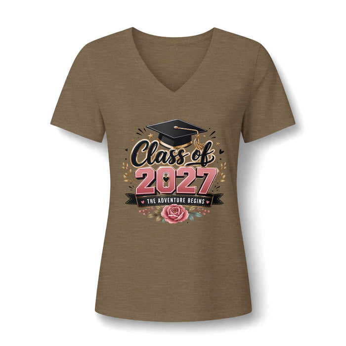 Class of 2027 V-Neck Tee – Women’s Graduation Shirt (“The Adventure Begins”)