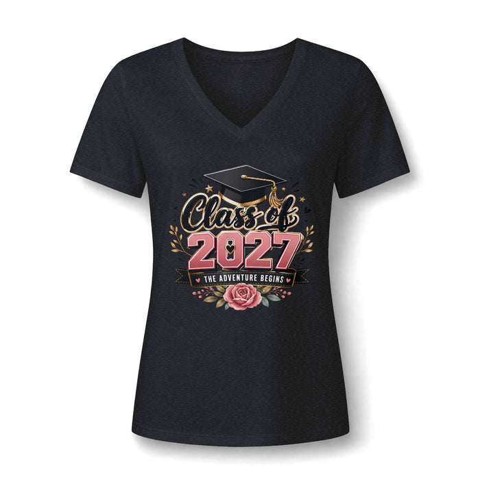 Class of 2027 V-Neck Tee – Women’s Graduation Shirt (“The Adventure Begins”)