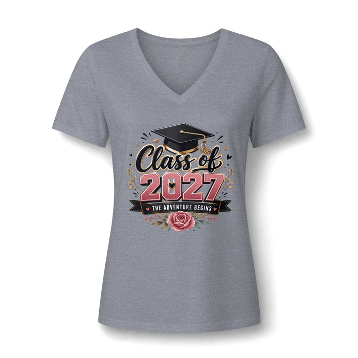 Class of 2027 V-Neck Tee – Women’s Graduation Shirt (“The Adventure Begins”)
