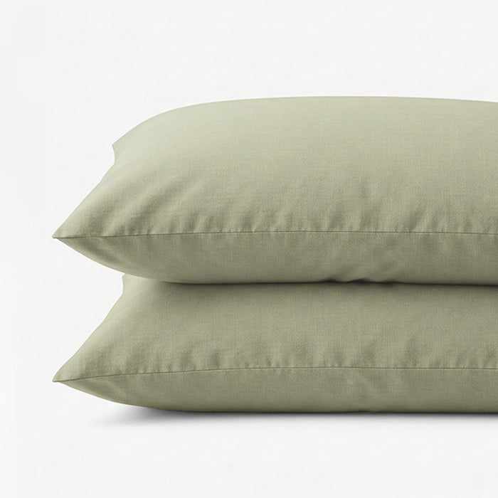 An up-close and detailed look at the hybrid linen viscose blend fabric in the sage pillowcase set.