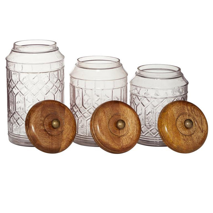 CLEAR GLASS DECORATIVE JARS WITH WOOD LIDS