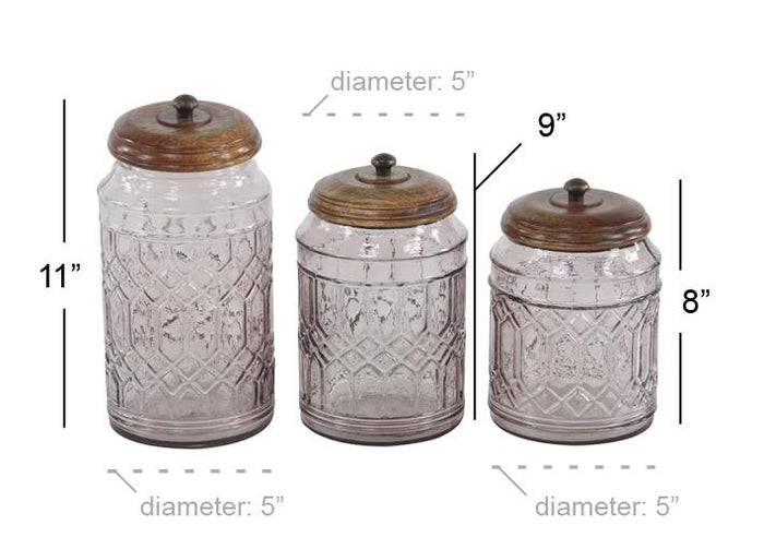 CLEAR GLASS DECORATIVE JARS WITH WOOD LIDS