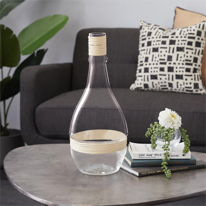 CLEAR GLASS VASE WITH RATTAN DETAIL