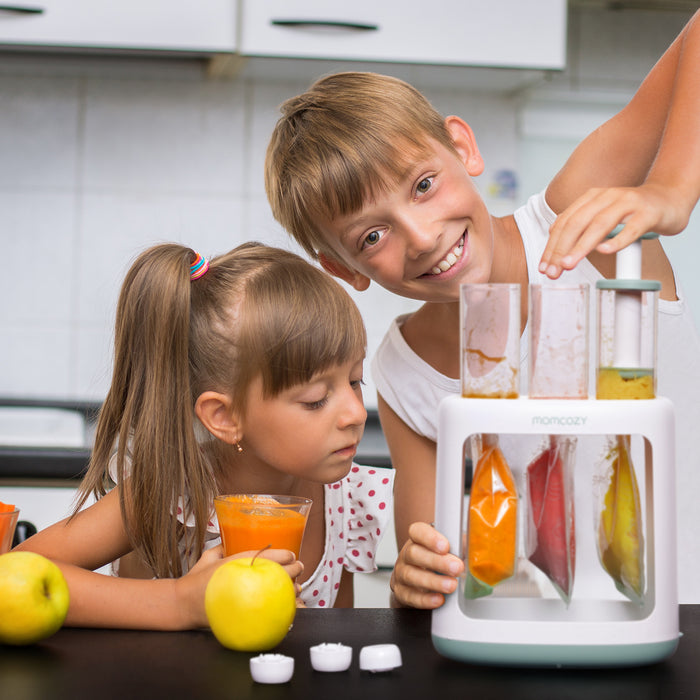 Cook-to-Pouch Bundle: AutoMeal Baby Food Maker + Squeeze Station with 5 Reusable Pouches