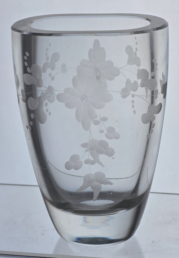 Copper wheel engraved glass oval vase
