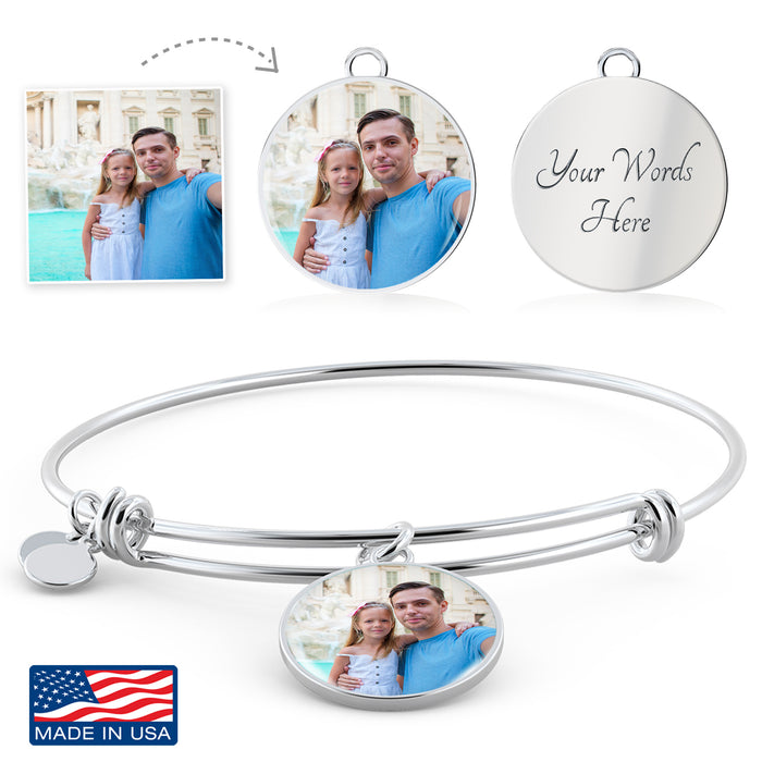 Custom Photo Silver Circle Charm Bangle Bracelet