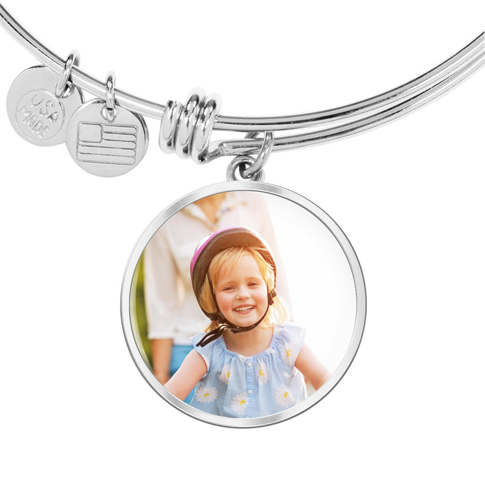 Custom Photo Silver Circle Charm Bangle Bracelet