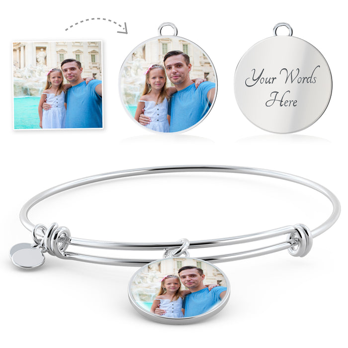 Custom Photo Silver Circle Charm Bangle Bracelet