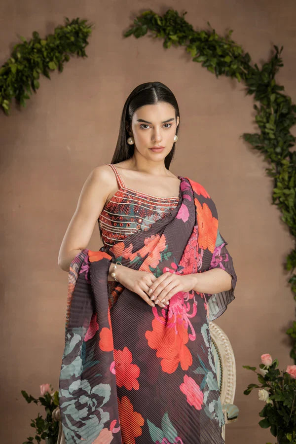 Ready to wear dark chocolate saree
