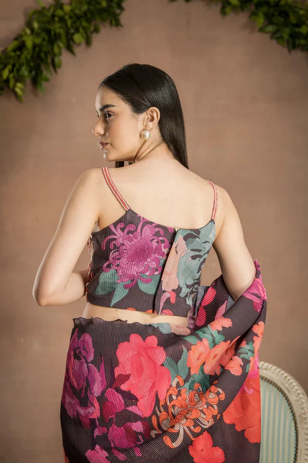 Elegant pre draped chocolate saree
