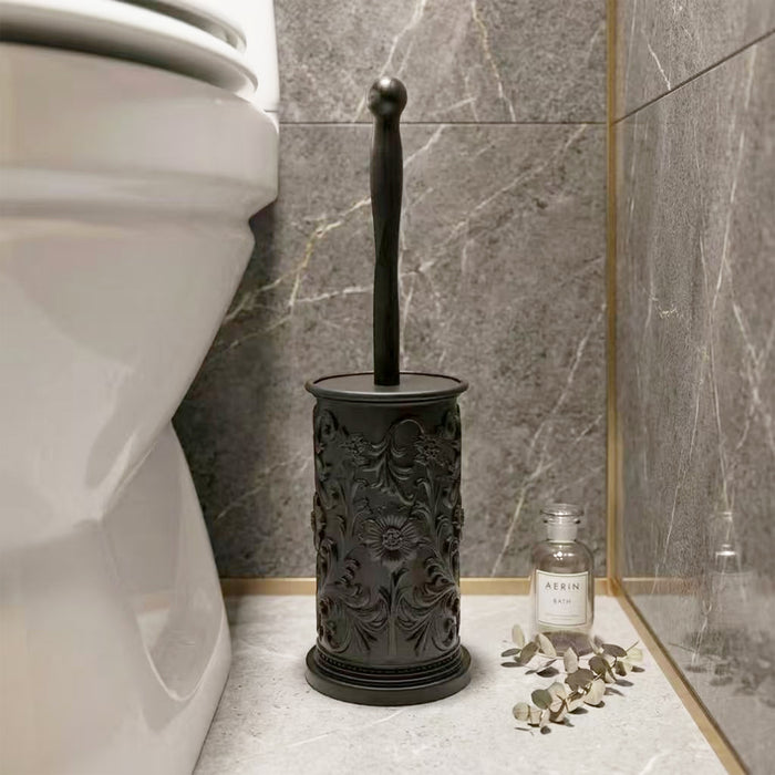 Elegant Floral Toilet Brush with Holder - Black