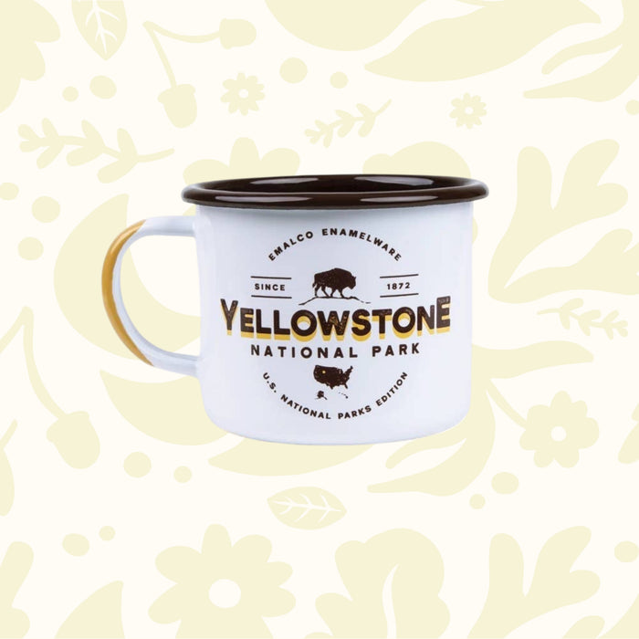 Forager Provisions LTD Emalco Enamelware 22 oz Yellowstone National Park camping mug with brown rim and bison graphic