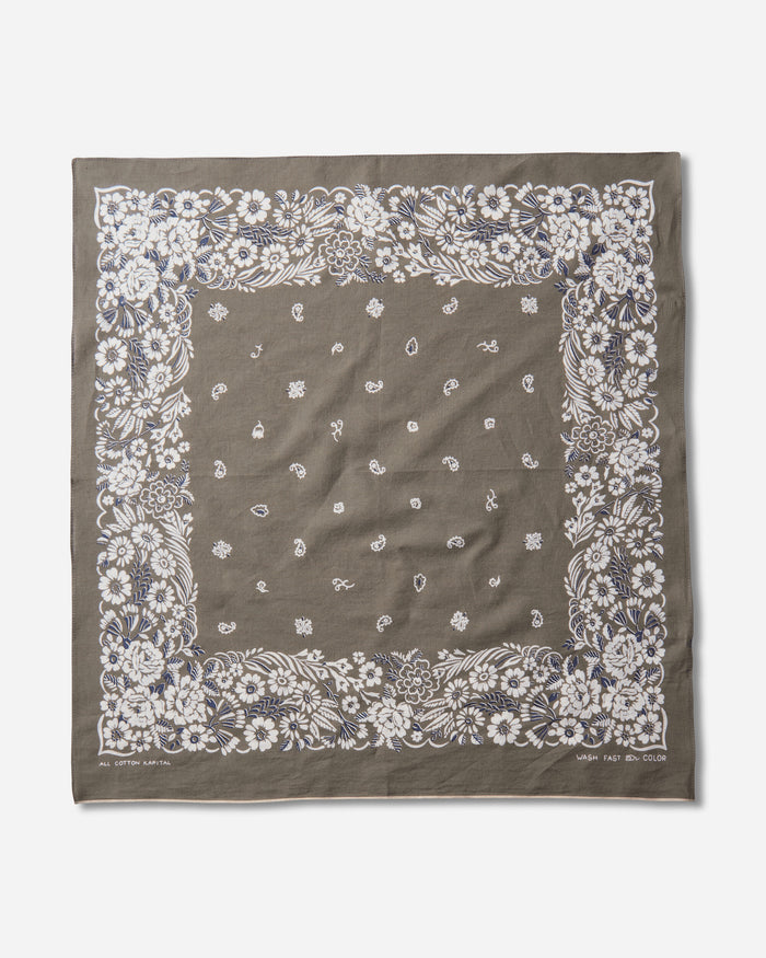 KAPITAL Fastcolor Selvedge Bandanna (Churchill Garden) 20X20 Khaki Gloves and Scarves Bandanas K2508BA507 KHAKI