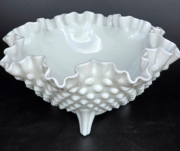 Fenton glass ruffled edge  3 leged dish