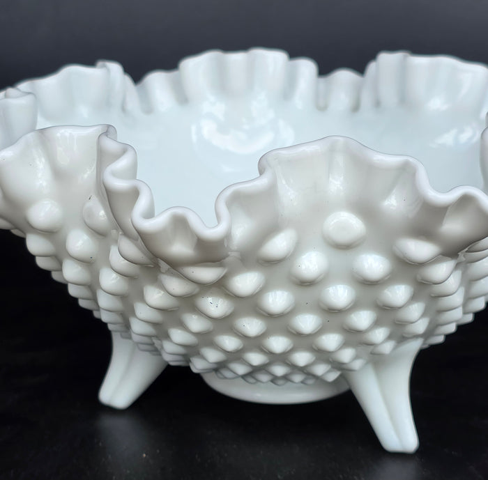 Fenton glass ruffled edge  3 leged dish