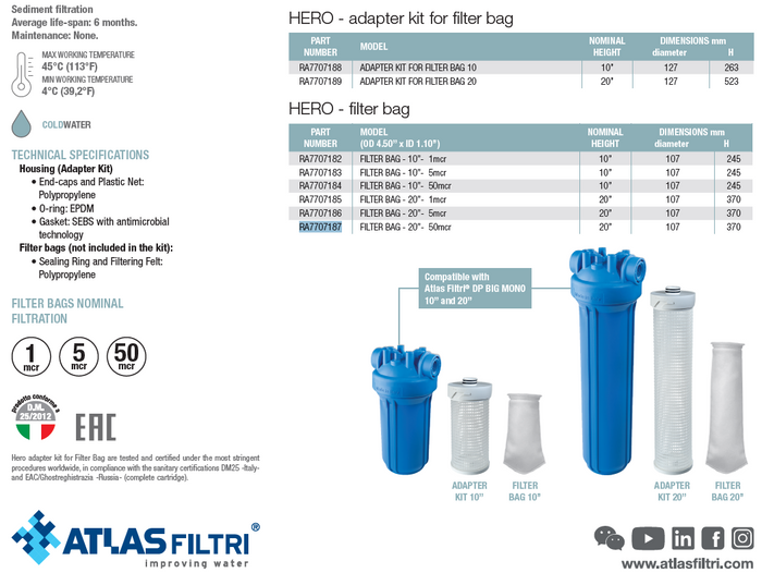 Filtro de bolsa para carcasas de 20" - 50 micras