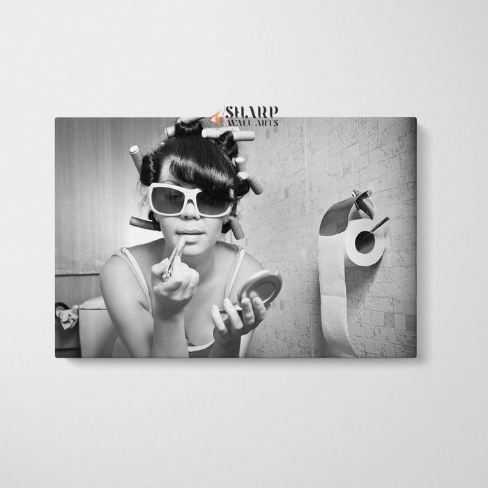 Girl Putting On Makeup Sits In The Toilet Canvas Wall Art - SharpWallArts