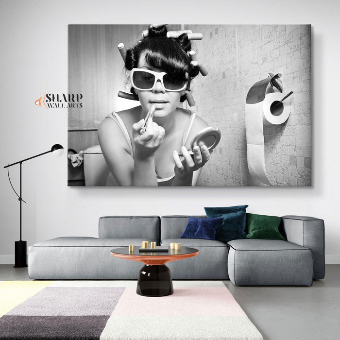 Girl Putting On Makeup Sits In The Toilet Canvas Wall Art - SharpWallArts
